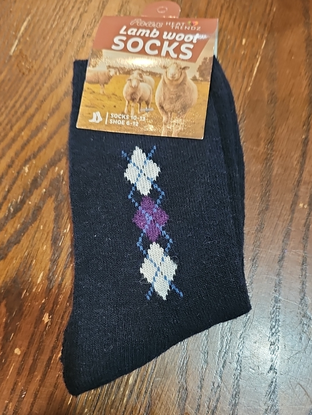 NWT Faux Lamb Wool Argyle Crew Socks - Navy with Purple & White Accents